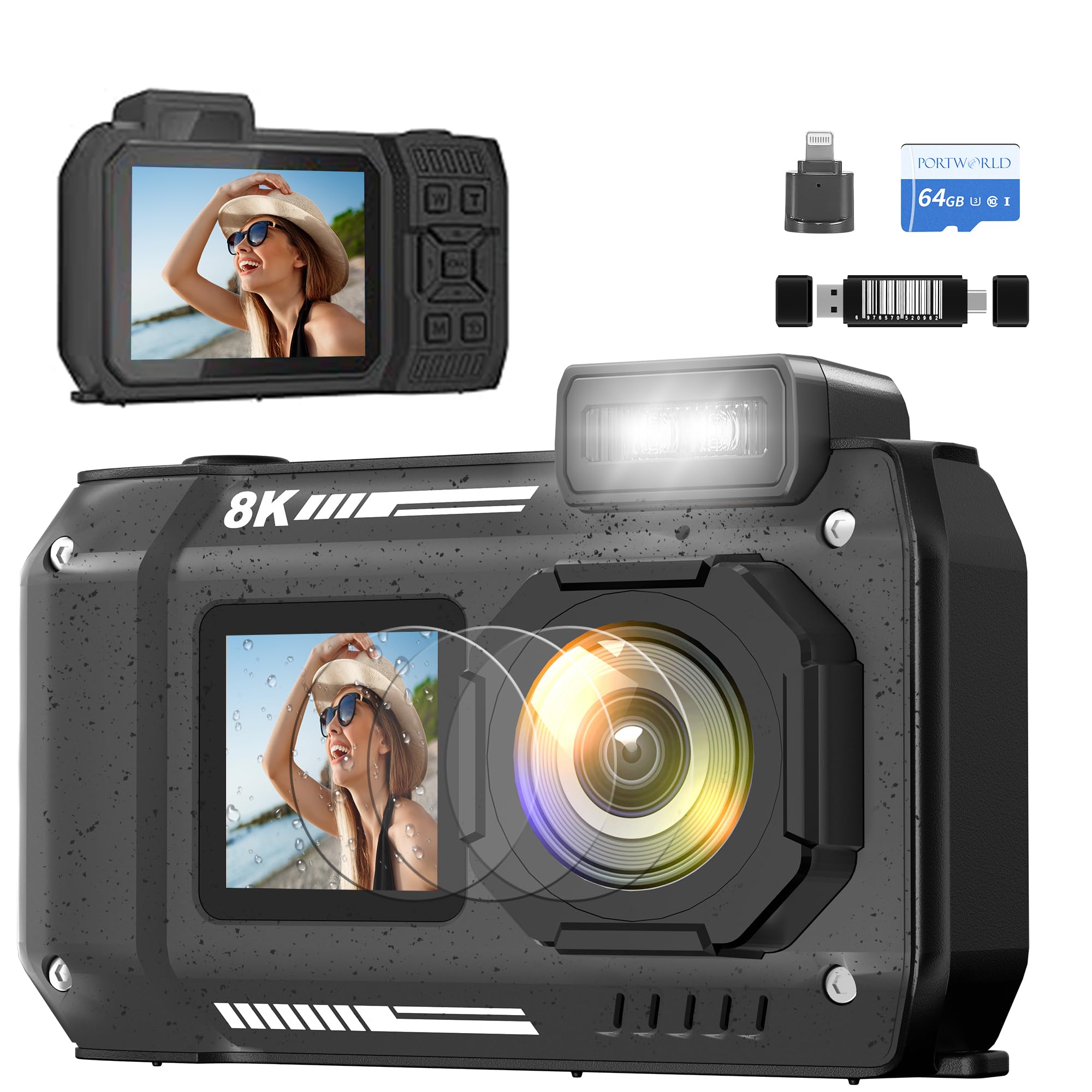 8K Waterproof Digital Camera Snorkeling: 70MP 33FT Compact Rugged Underwater Camera HD Dual-Screen with 18X Zoom Selfie 64GB Card & 2500 mAh Battery for Outdoor Scuba Diving Fishing Swimming Black