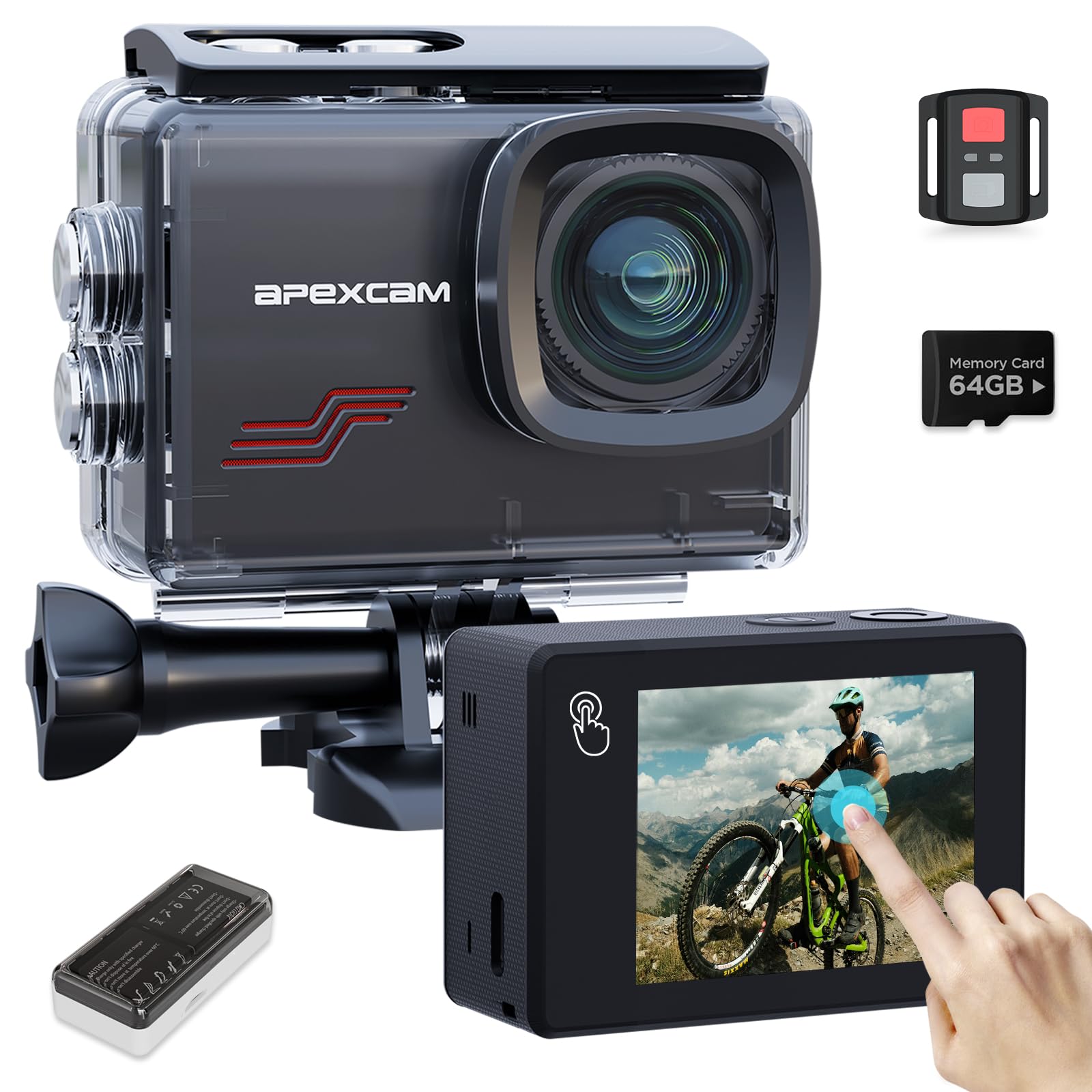 Apexcam Action Camera 4K Touch Screen, 131FT Waterproof Camera Underwater, 60FPS 64MP Sports Camera Helmet for Vlog, 170 ° WiFi Camcorder, 8X Zoom, Remote Control, 64GB Card,Mount Accessories