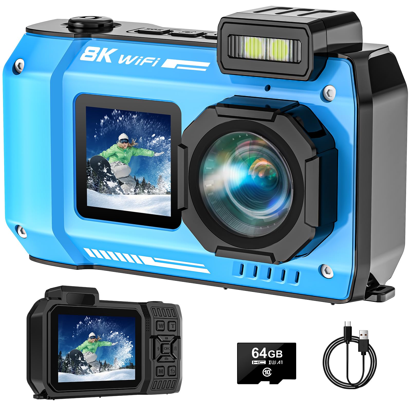 UHD 8K Underwater Camera, 70MP 33FT WiFi Waterproof Digital Camera with 64GB Card, Auto Focus Waterproof Dual-Screen Selfie 2500mAh Battery, 18X Floatable Digital for Snorkeling, Blue